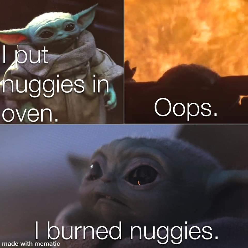 This meme is a humorous image of the character Baby Yoda from the Star Wars franchise, with a caption that reads "I put the cookies in the oven, I forgot to set the timer, I burned the cookies." The image shows Baby Yoda with a shocked expression, as if he's just realized he's made a mistake.